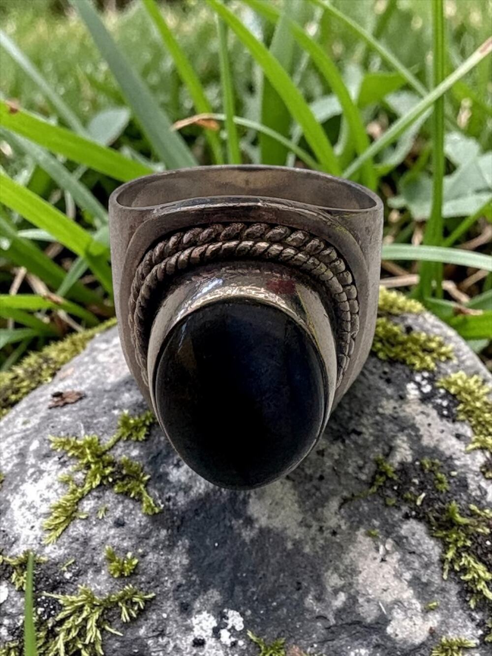 Vintage Sterling Silver 925 Labradorite Sculptural Statement Ring Rope Border B